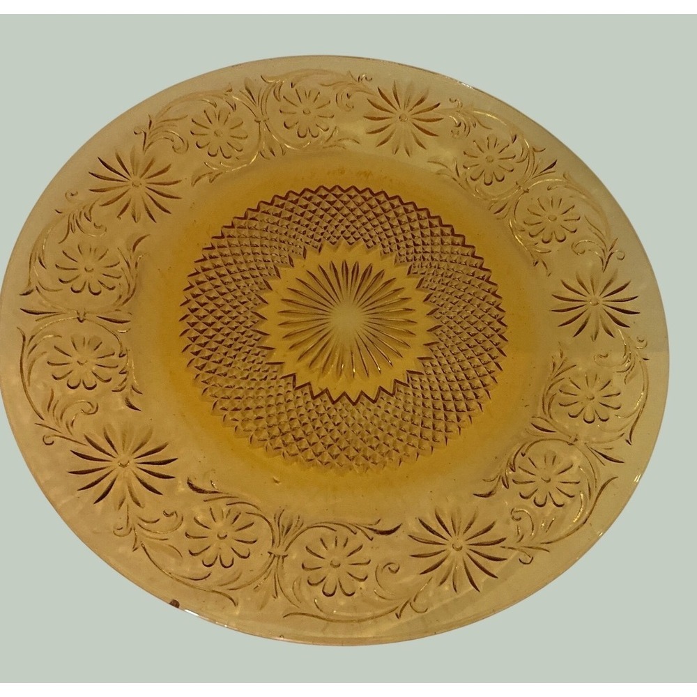 Vintage Tiara Sandwich Glass Plate Amber Floral Embossed 8 Incha